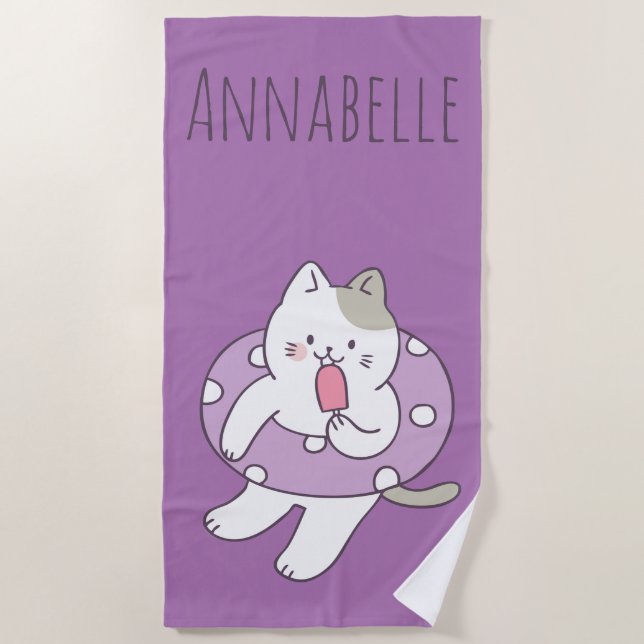 Purple Kitty Personalize Beach Towel (Front)
