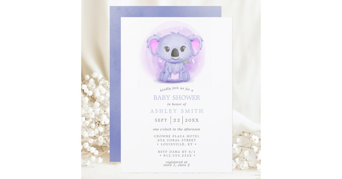 Purple Koala Cute Whimsical Watercolor Baby Shower Invitation | Zazzle