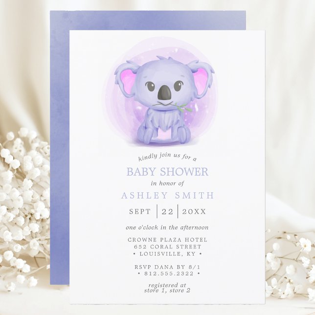 Purple Koala Cute Whimsical Watercolor Baby Shower Invitation (Creator Uploaded)