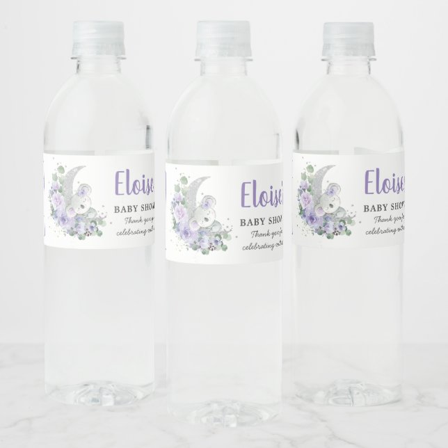 Purple Koala We're Over the Moon Girl Baby Shower Water Bottle Label (Bottles)