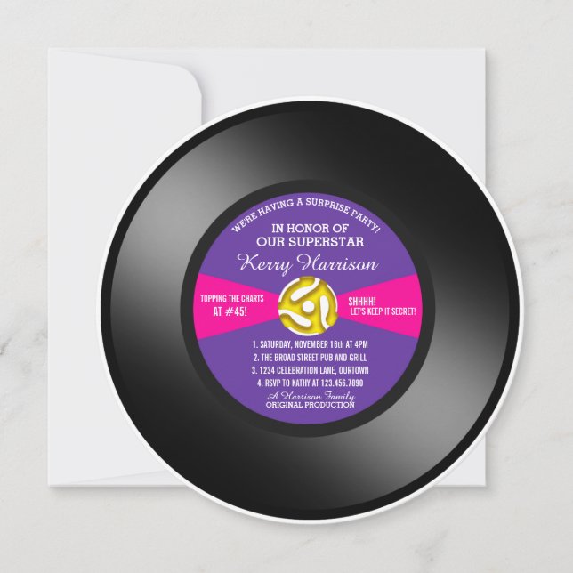Purple  Label Vinyl 45 Record Surprise Party Invitation (Front)