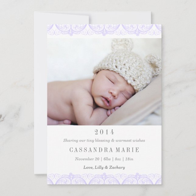 Purple Lace Birth Announcement (Front)