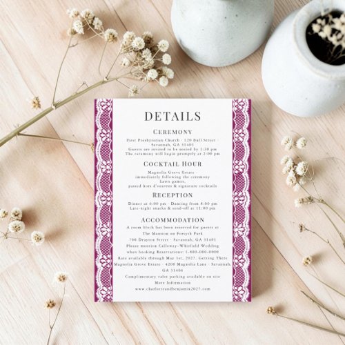 Purple Lace Border Wedding Details Card