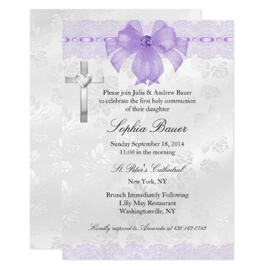 Purple Lace Bow First Holy Communion Invitation Zazzle Com