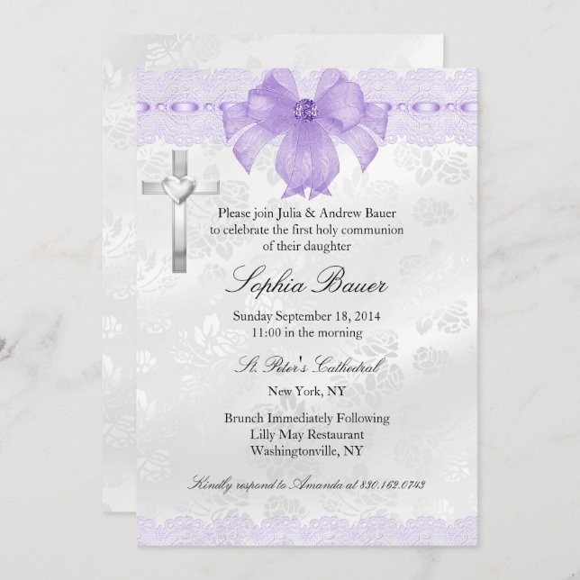 Purple Lace Bow First Holy Communion Invitation (Front/Back)
