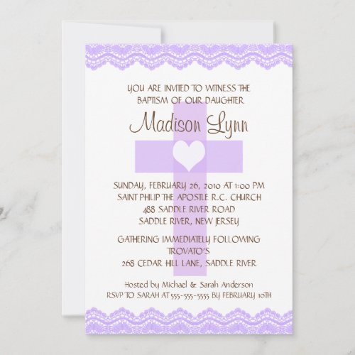 Purple Lace Cross Baby Girl Baptism Inviation Custom Announcement