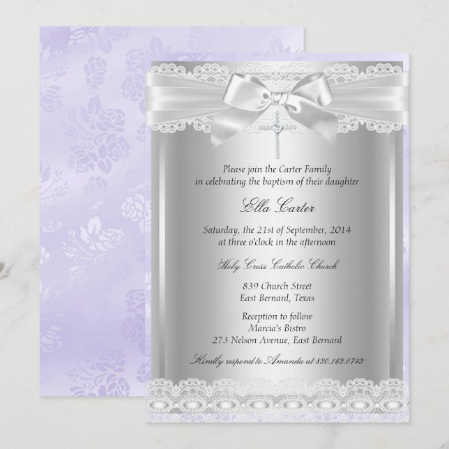 Purple Lace & Cross Baptism/Christening Invitation (Front/Back)