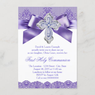 Purple Lace Cross First Holy Communion Invitation