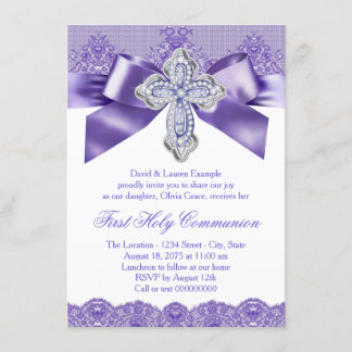 Purple Lace Cross First Holy Communion Invitation