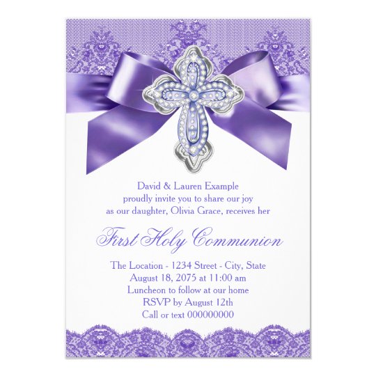 Purple Lace Cross First Holy Communion Invitation Zazzle Com