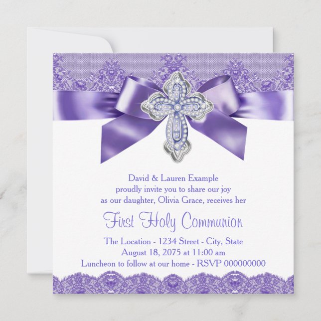 Purple Lace Cross First Holy Communion Invitation (Front)