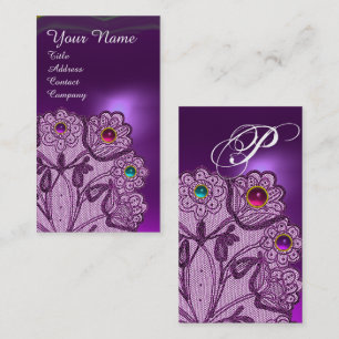 PURPLE LACE FLOWERS AND COLORFUL GEMS MONOGRAM BUSINESS CARD