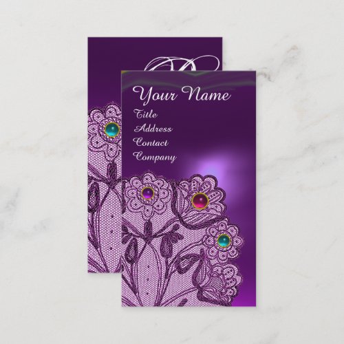 PURPLE LACE FLOWERS AND COLORFUL GEMS MONOGRAM BUSINESS CARD