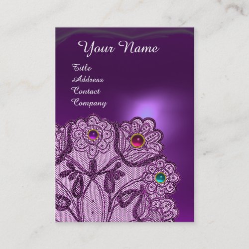 PURPLE LACE FLOWERS AND COLORFUL GEMS MONOGRAM BUSINESS CARD