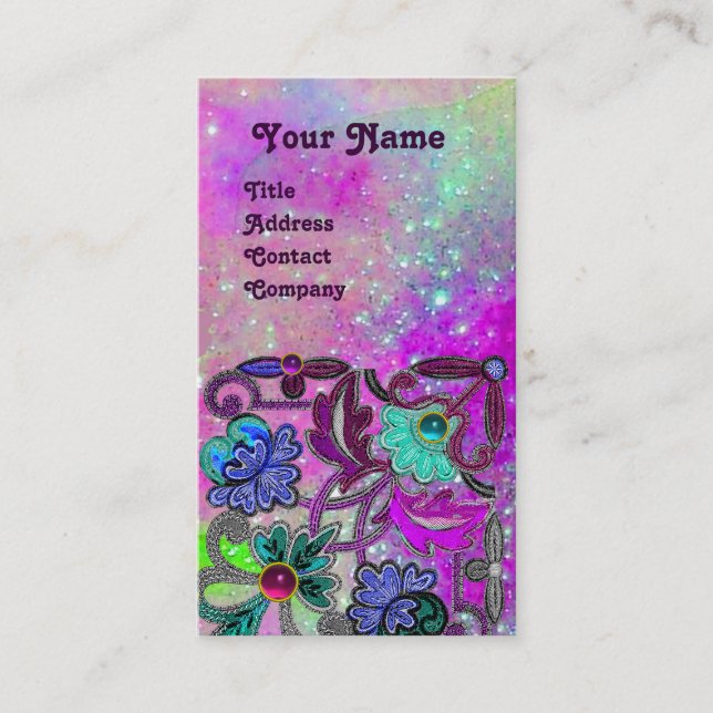 PURPLE LACE FLOWERS AND COLORFUL GEMSTONES BUSINESS CARD (Front)