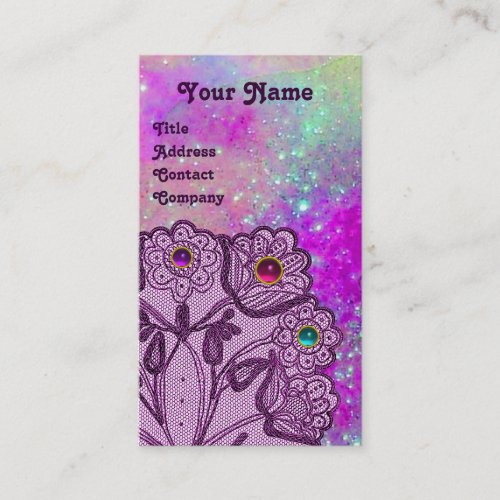 PURPLE LACE FLOWERS AND COLORFUL GEMSTONES BUSINESS CARD
