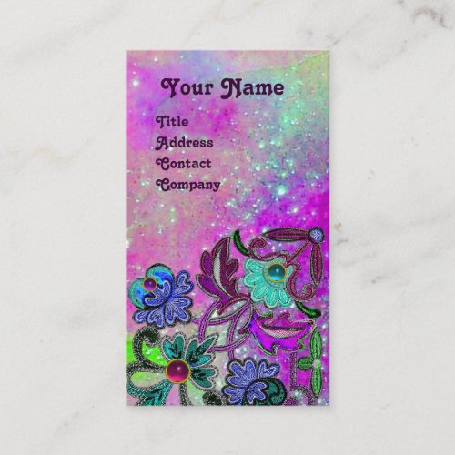 PURPLE LACE FLOWERS AND COLORFUL GEMSTONES BUSINESS CARD