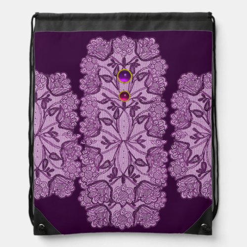 PURPLE LACE FLOWERS AND COLORFUL GEMSTONES  DRAWSTRING BAG