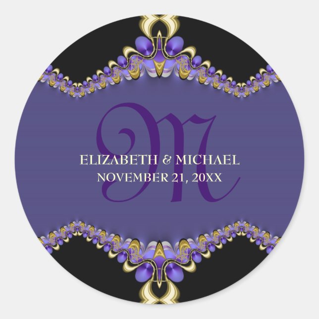 Purple Lace Fractal Décor Monogram  Classic Round Sticker (Front)