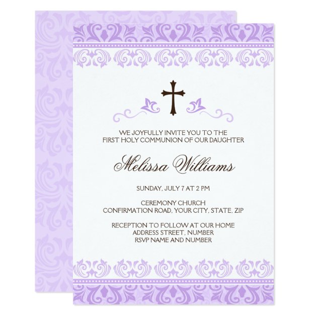 Purple Lace Girls First Communion Confirmation Invitation