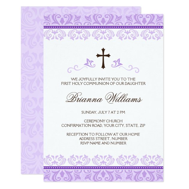 Purple Lace Girls First Communion Confirmation Invitation