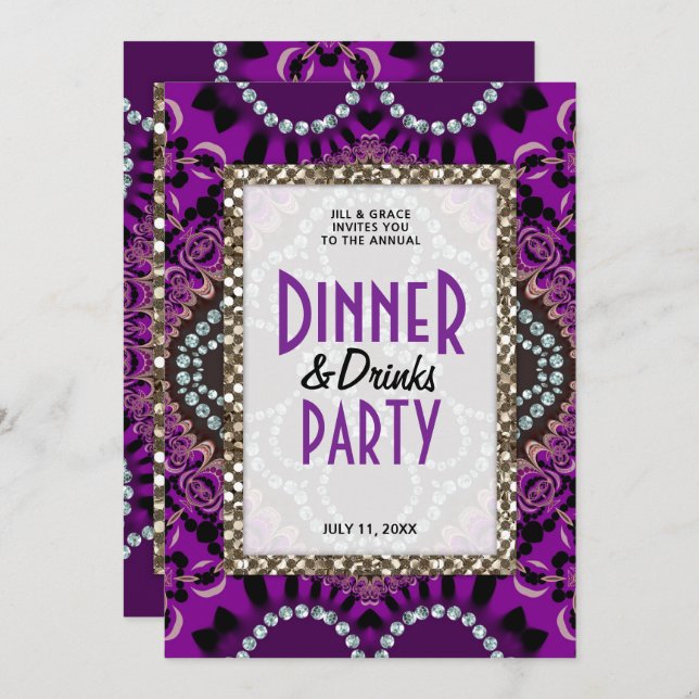 Purple Lace Glamour Dinner Drinks Party Invitation (Front/Back)