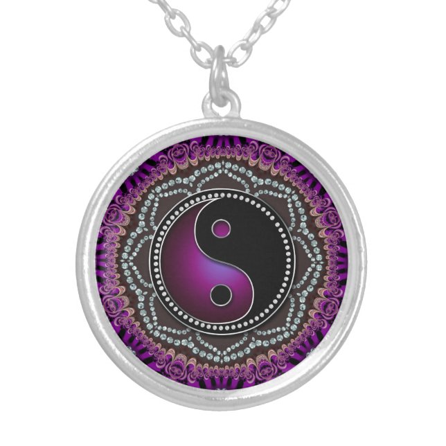 Purple Lace Lotus Balance YinYang New Age Sparkle Silver Plated Necklace (Front)