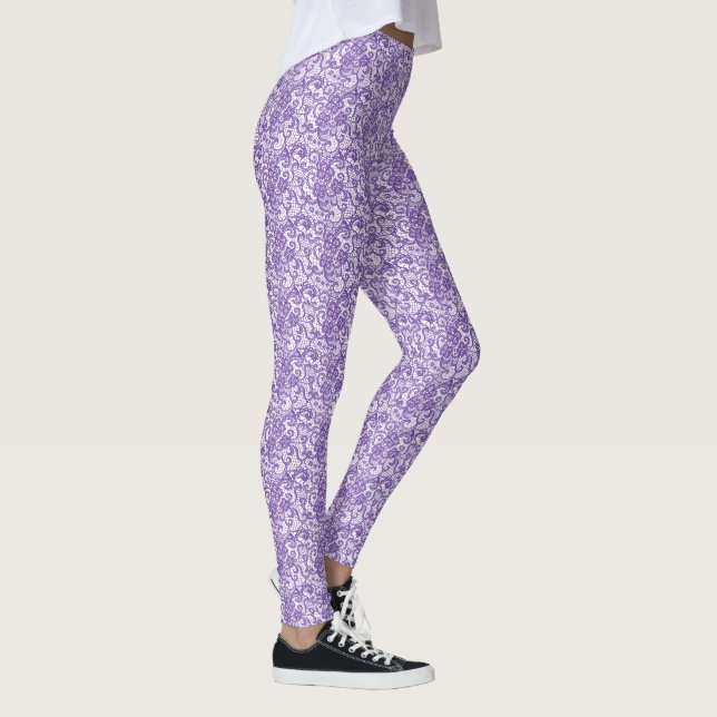 Purple Lace on White Background Leggings (Right)