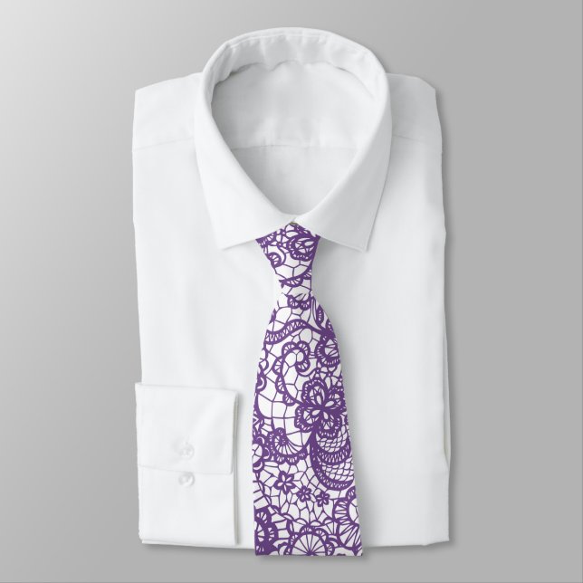 Purple Lace On White Neck Tie (Tied)