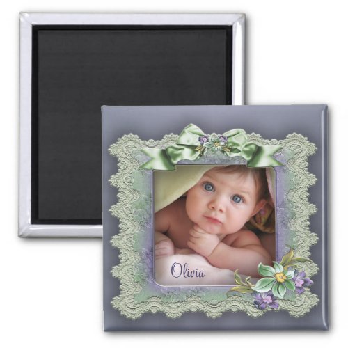 Purple Lace Photo Frame Baby Girl Birth Magnets