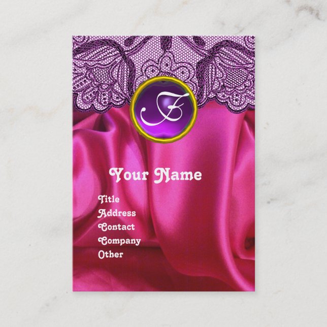 PURPLE LACE PINK FUCHSIA SILKCLOTH, GEM MONOGRAM BUSINESS CARD (Front)