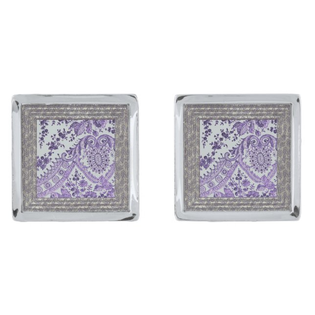 Purple Lace Roses Gunmetal Finish Cufflinks (Front)
