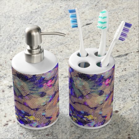 Purple Lace Roses Soap Dispenser And Toothbrush Holder