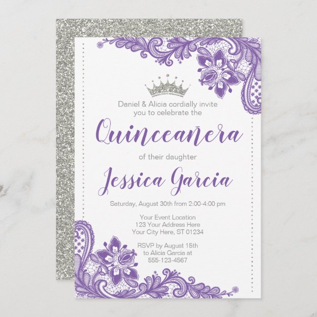 Purple Lace & Silver Glitter Princess Quinceañera Invitation (Front/Back)