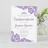 Purple Lace & Silver Glitter Princess Quinceañera Invitation (Standing Front)