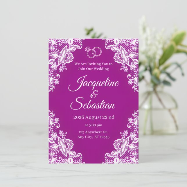 Purple Lace Wedding Invitation (Standing Front)