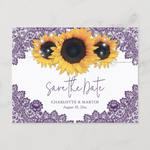 Purple Lace Yellow Sunflower Wedding Save The Date Announcement Postcard