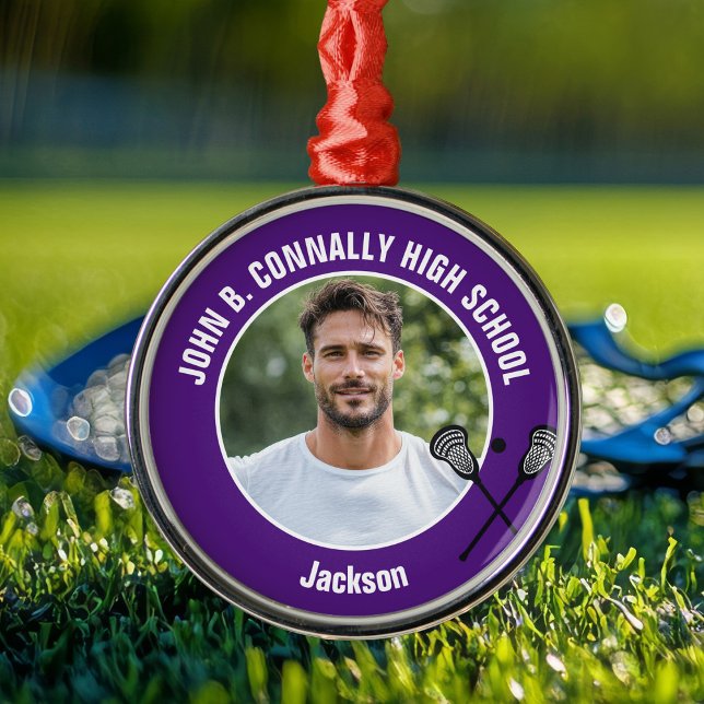Purple Lacrosse Player Photo High School Christmas Metal Ornament (Creator Uploaded)