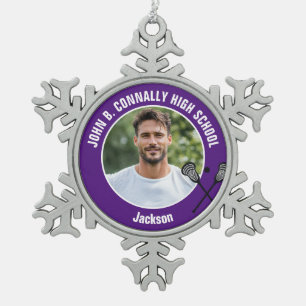 Purple Lacrosse Player Photo High School Snowflake Pewter Christmas Ornament