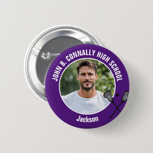 Purple Lacrosse Player Photo High School Spirit Button (Front & Back)