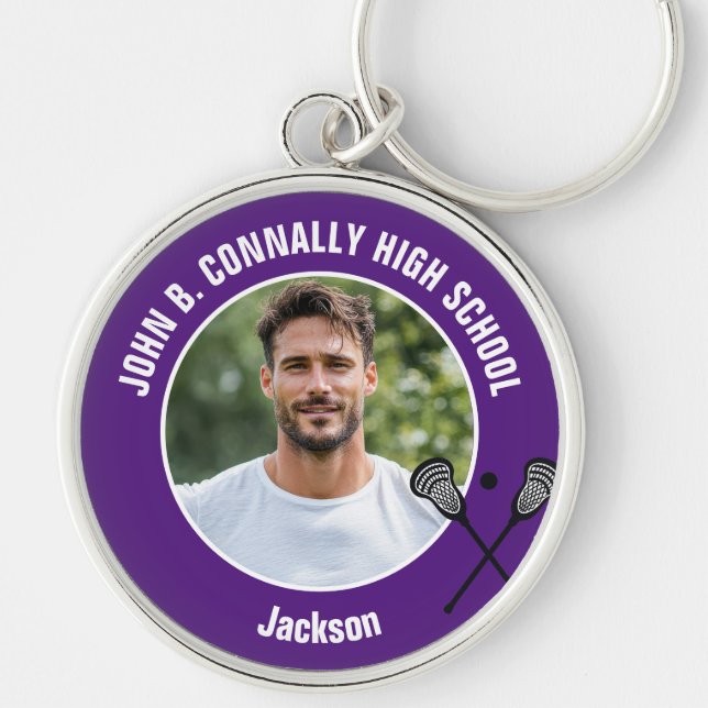 Purple Lacrosse Player Photo High School Spirit Keychain (Front)