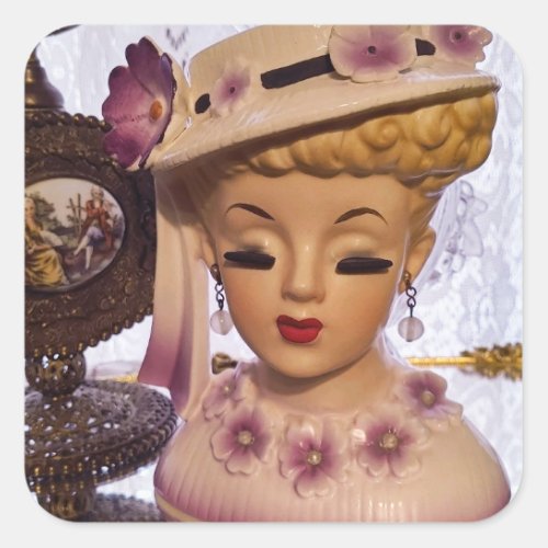 Purple Lady Head Vase Flowers Perfume Bottle Square Sticker