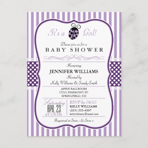 Purple Ladybug Girl Baby Shower Invitation
