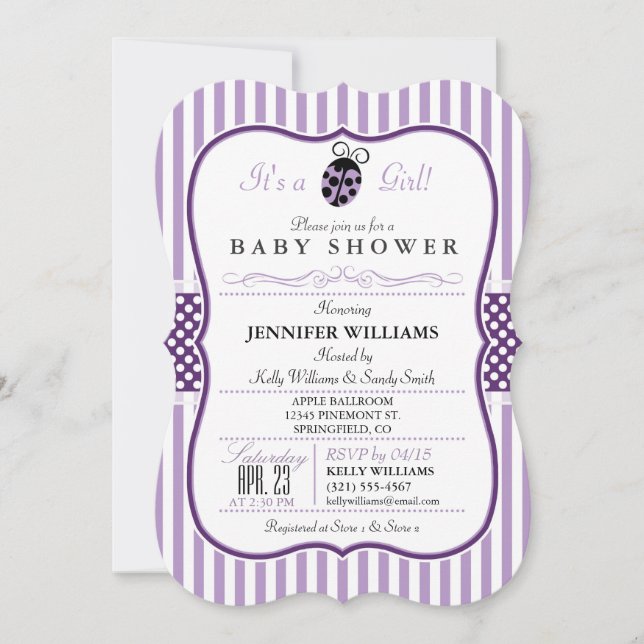 Purple Ladybug; Girl Baby Shower Invitation (Front)