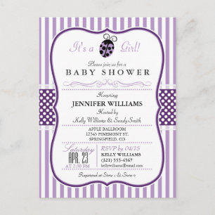 Purple Ladybug; Girl Baby Shower Invitation Postcard