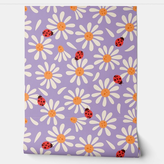 Purple Ladybugs and Daisies Wallpaper (Unrolling)