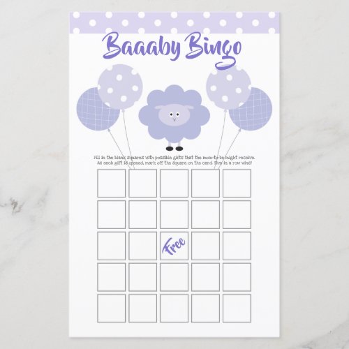 Purple Lamb Baby Shower Cute Sweet Bingo Game Card