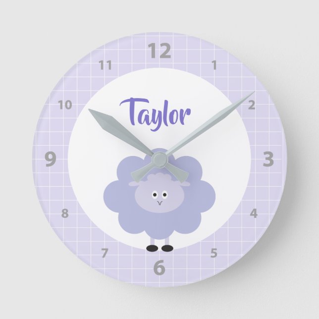 Purple Lamb Cute Sweet Kids Nursery Custom Name Round Clock (Front)