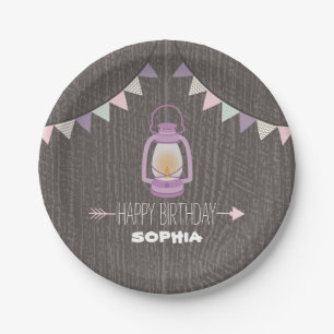 Purple Lantern Camping Birthday Paper Plates