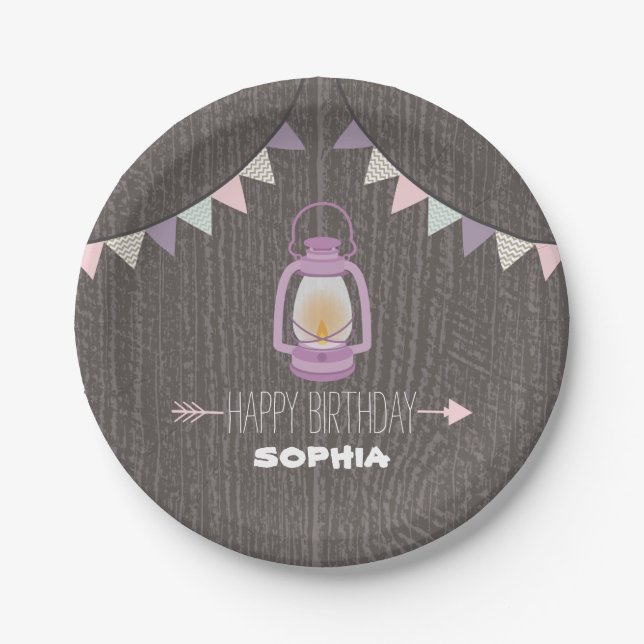 Purple Lantern Camping Birthday Paper Plates (Front)